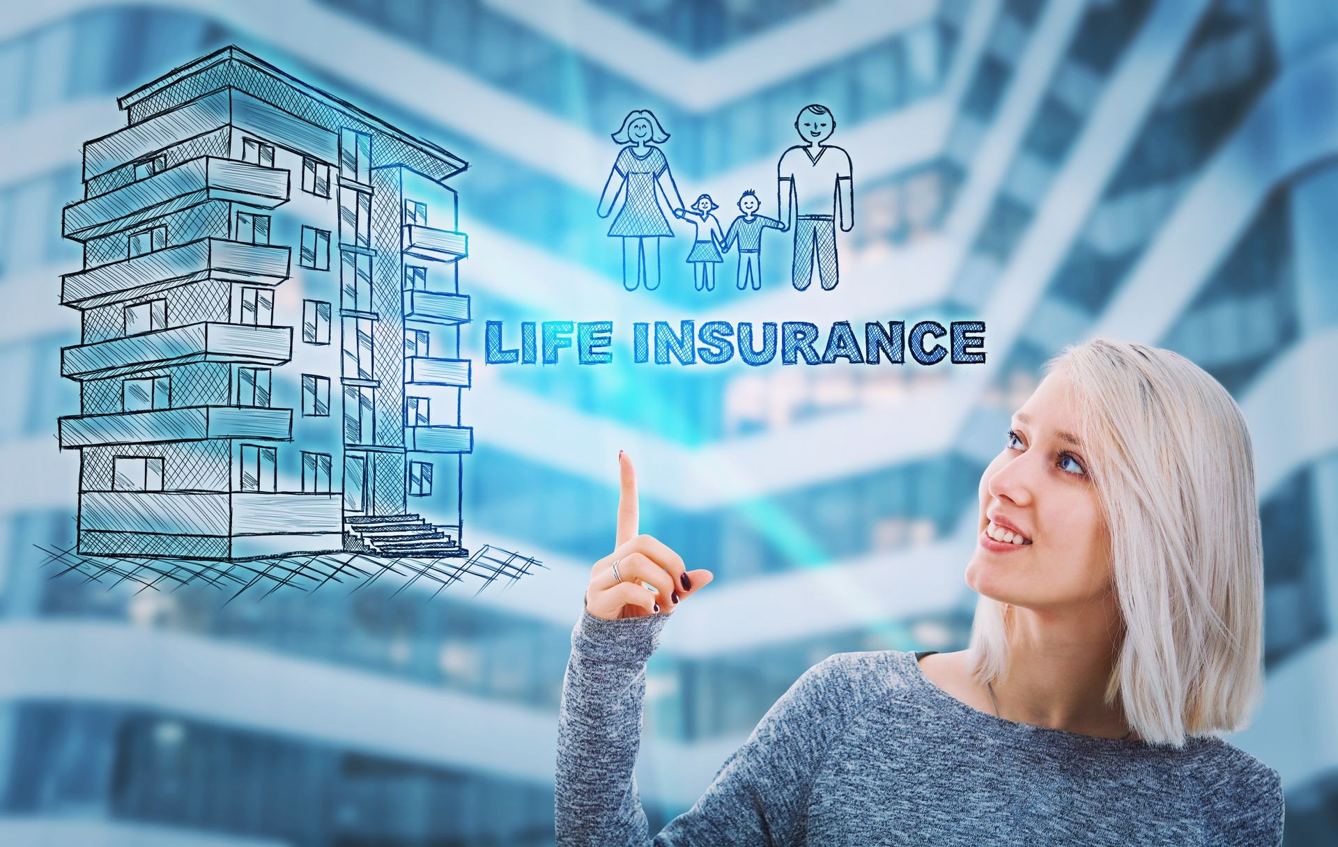 Portrait of smiling woman pointing finger up to a flat house and happy family hologram. Future technology for life insurance and home protection.